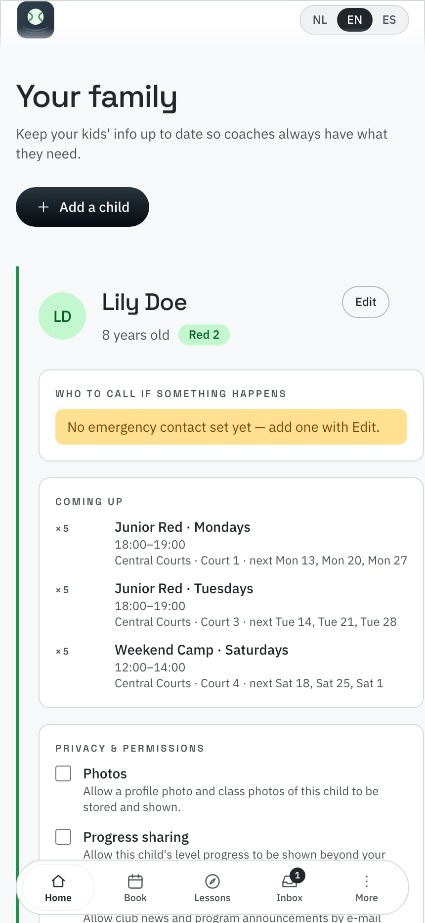 The member family screen: a child's profile and level, emergency contact, upcoming pickups, and per-child privacy permissions for photos and progress sharing