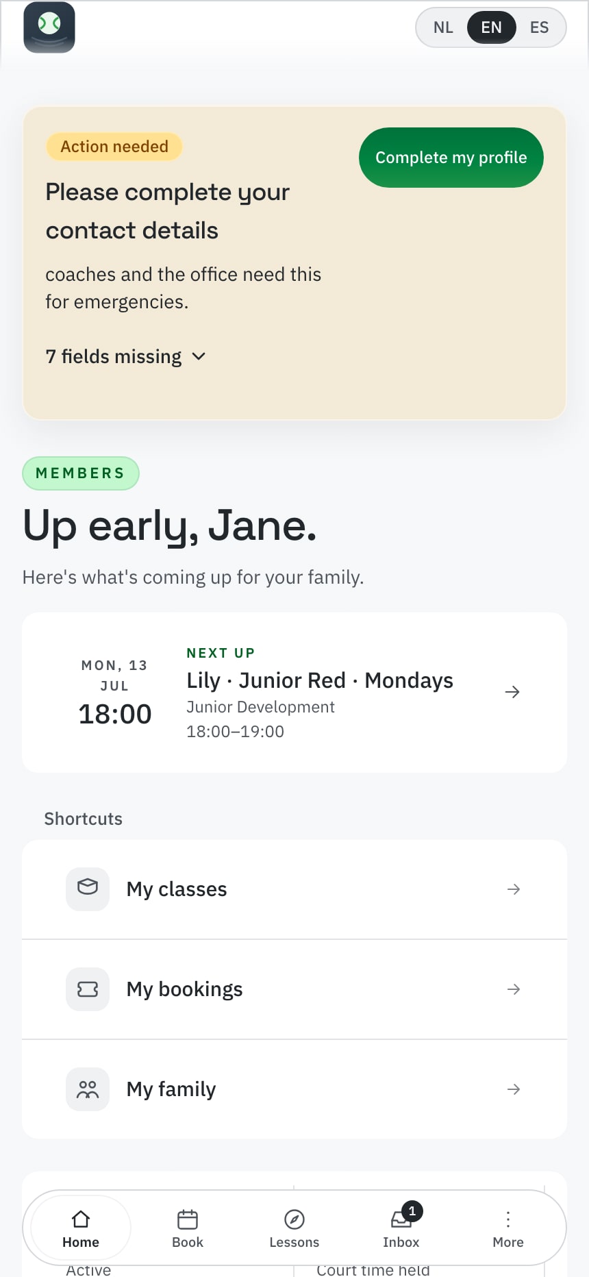 The member home screen: next court booking, shortcuts to classes, bookings and family