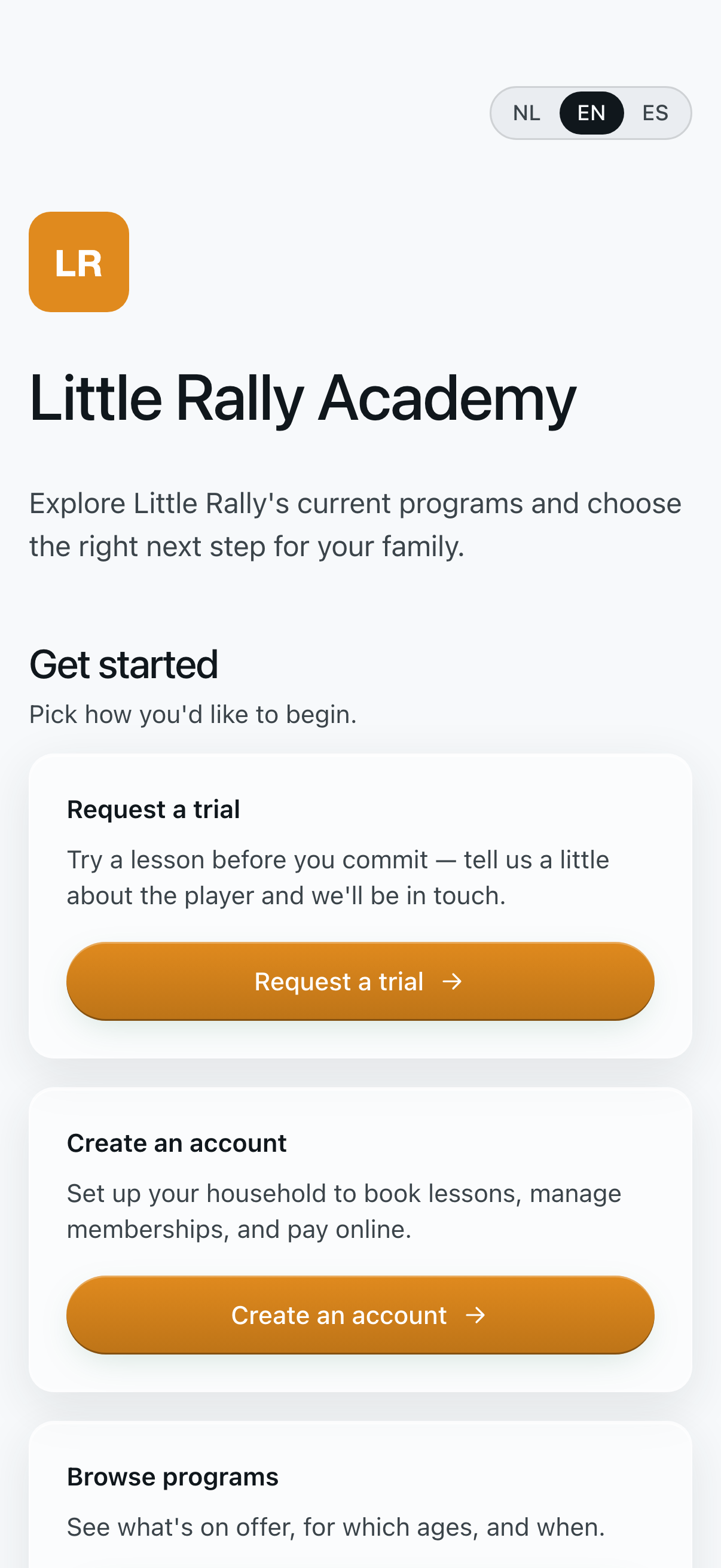 Little Rally Academy’s public join page in a phone browser: request a trial, create an account or browse programs, with an English, Dutch and Spanish switch at the top