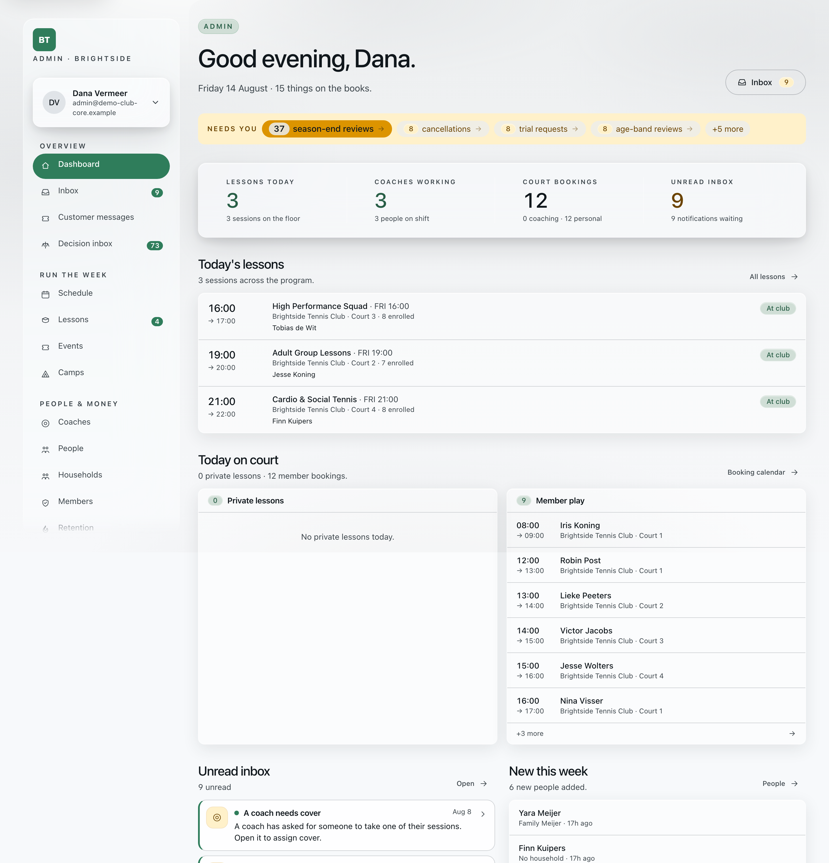 The Brightside Tennis Club dashboard, a four-court Start Core organization: fifteen things on the books, with season-end reviews, cancellations, trial requests and age-band reviews waiting