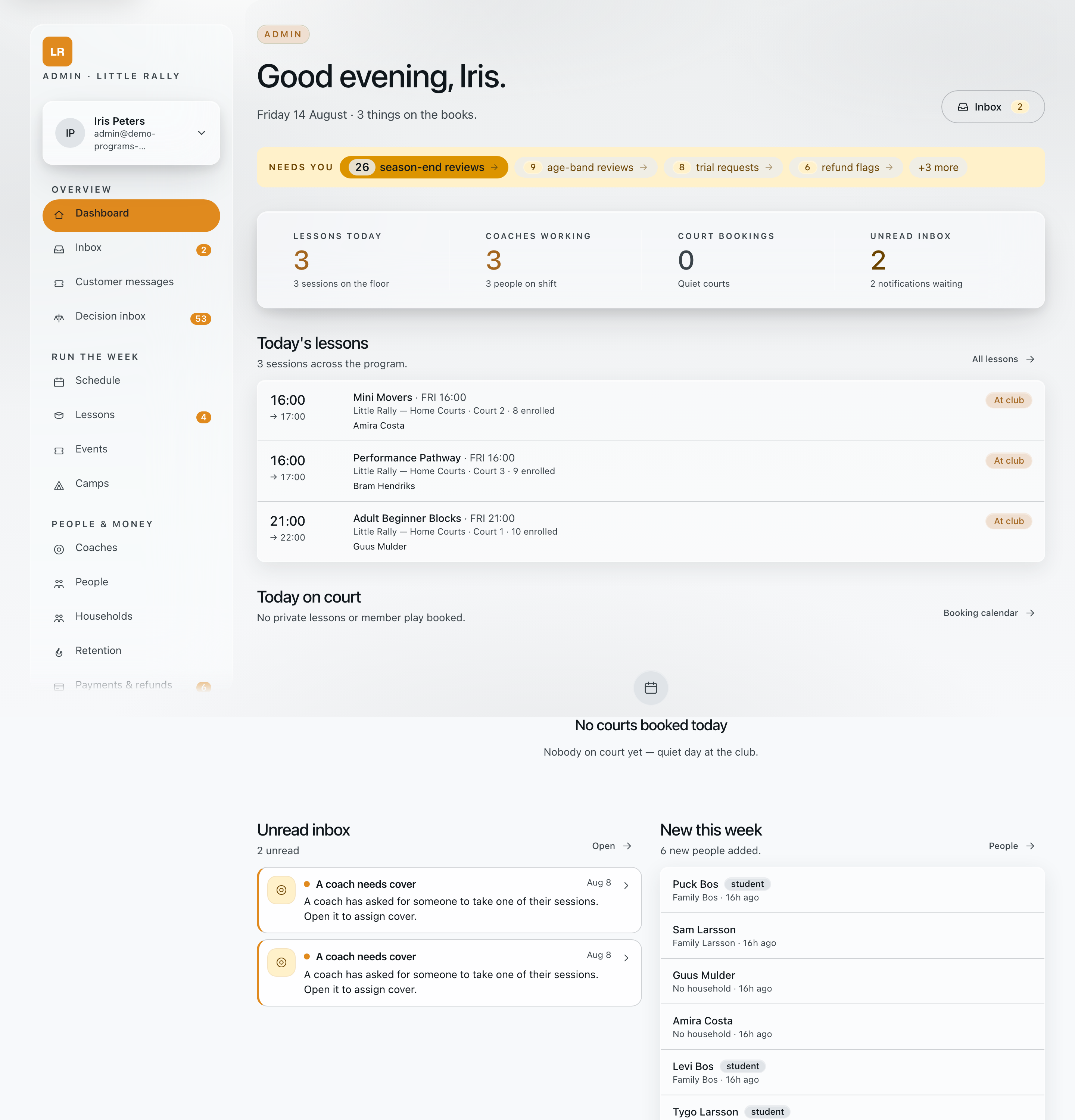 The Little Rally dashboard for an after-school program: today’s classes and a Needs You strip of season-end reviews, age-band reviews, trial requests and refund flags