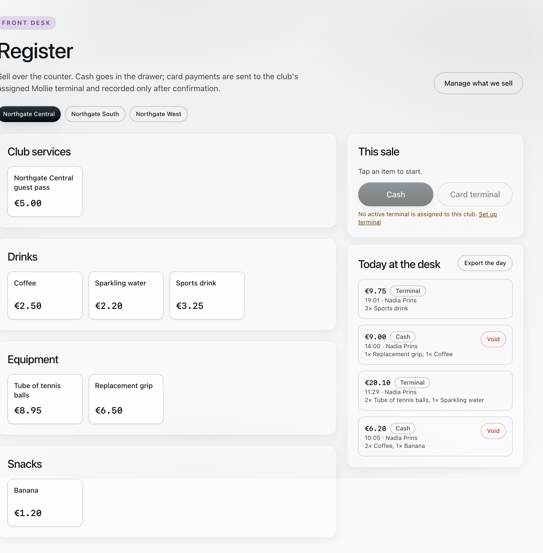 The Northgate Central front-desk register: a tap-to-sell catalogue grouped into club services, drinks, equipment and snacks, every item on its own priced button