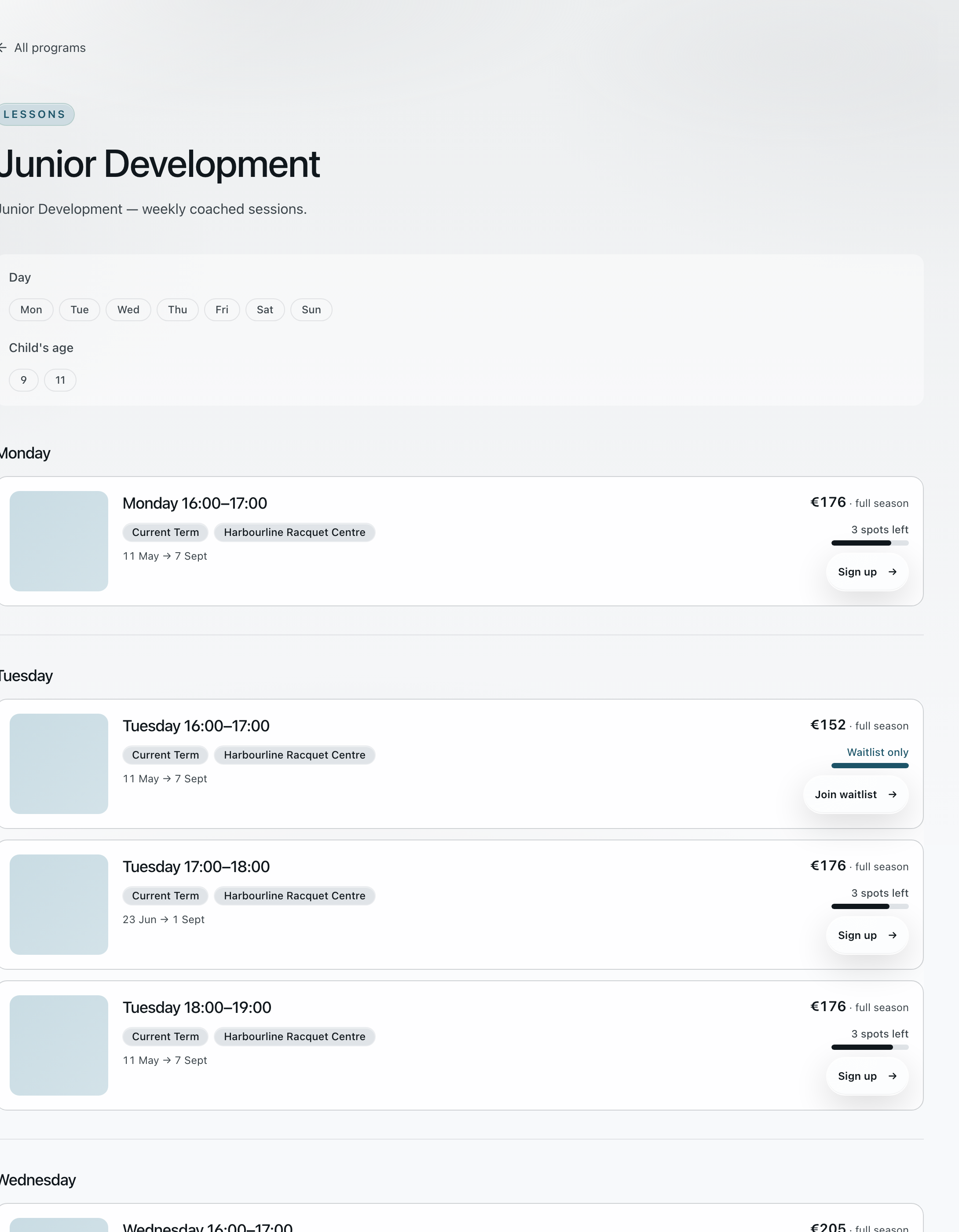 The household Find lessons view for Junior Development, filtered by day and child age, listing each weekly group with its full-season price and either the places left or a waitlist