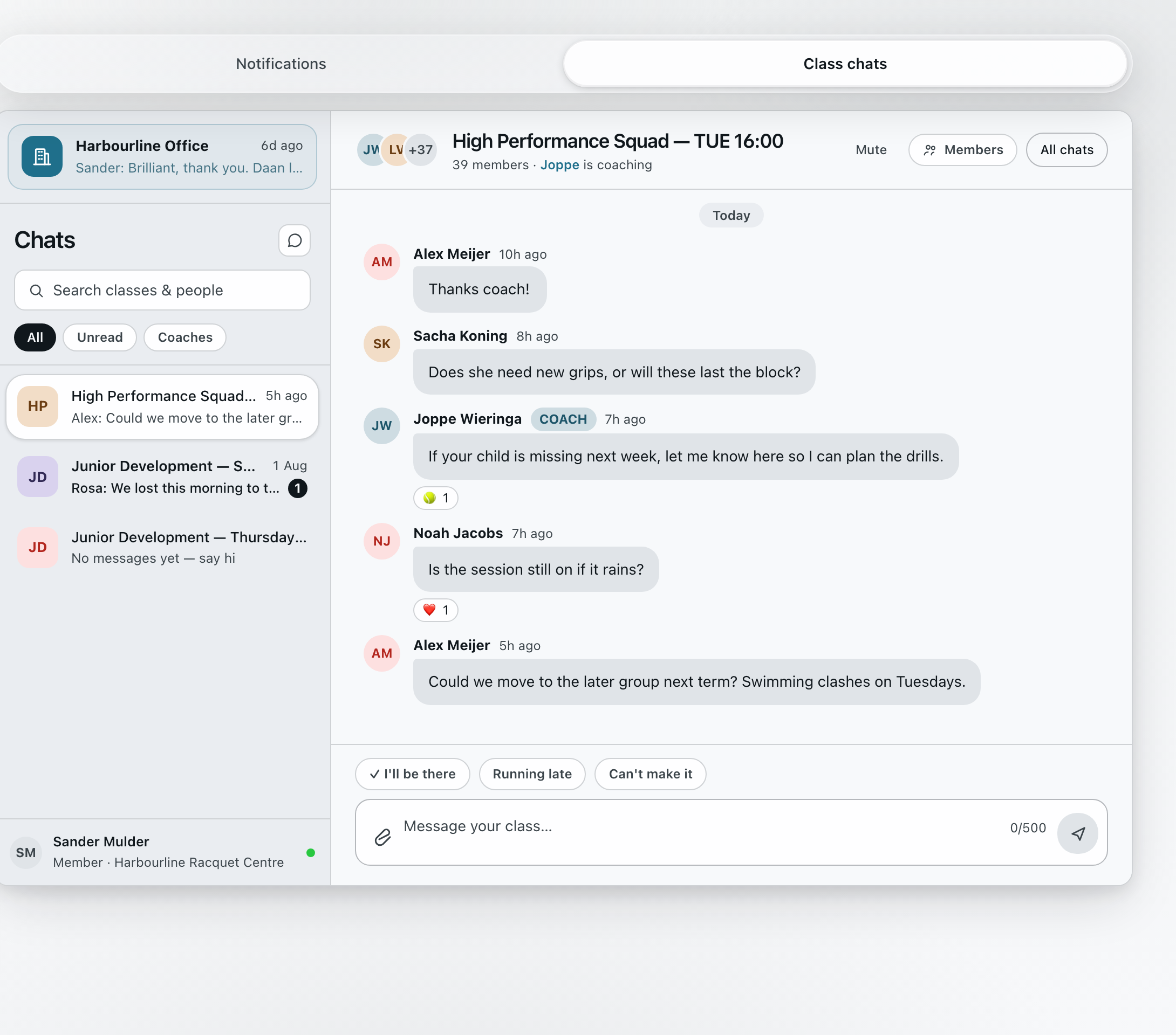 The household inbox on Class chats, with the High Performance Squad thread open, the coach named at the top and the I’ll-be-there, running-late and can’t-make-it replies waiting at the foot of the thread