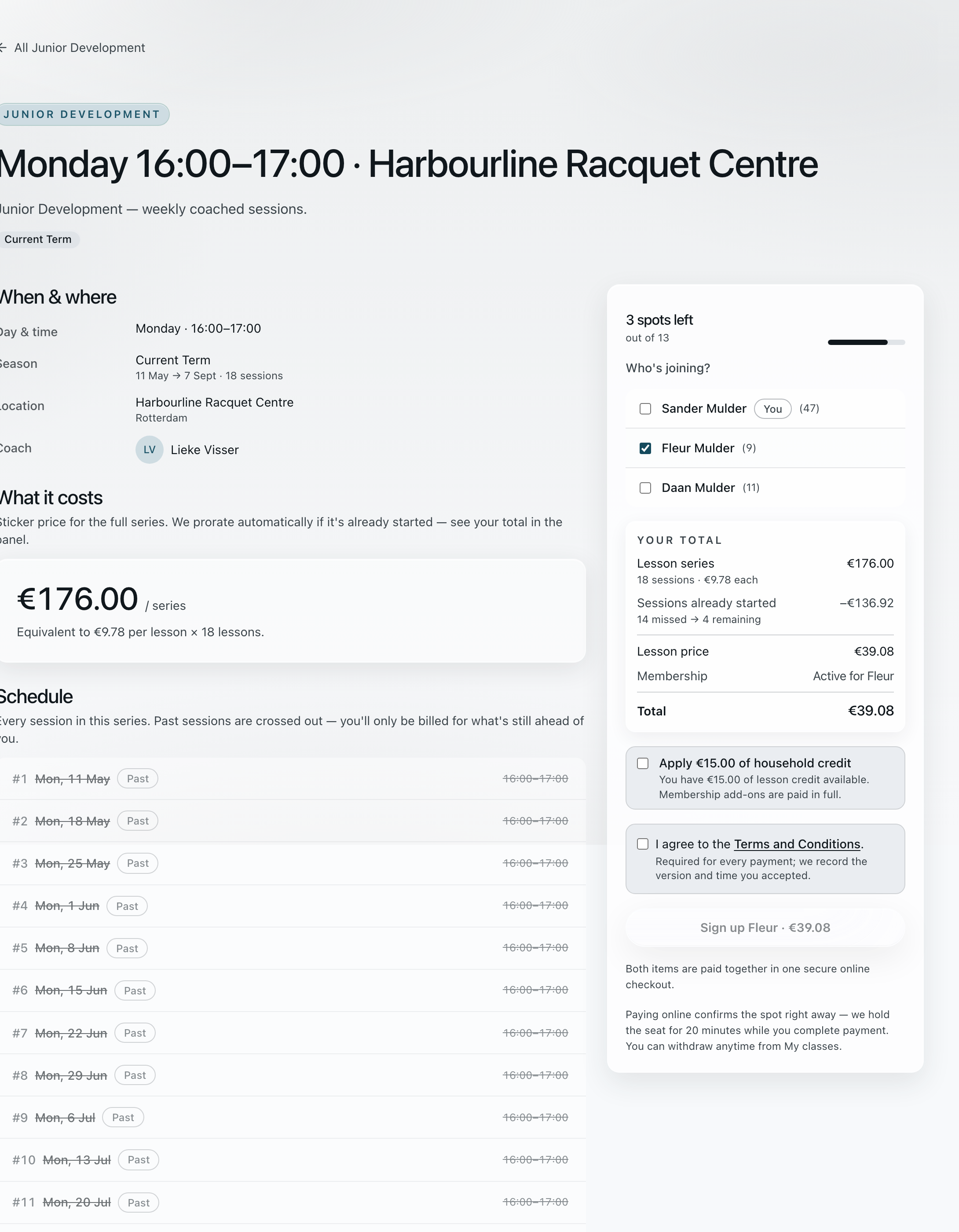 The household checkout for a class that started in May: every played session struck through and the €176.00 series reduced to €39.08 for the four still ahead