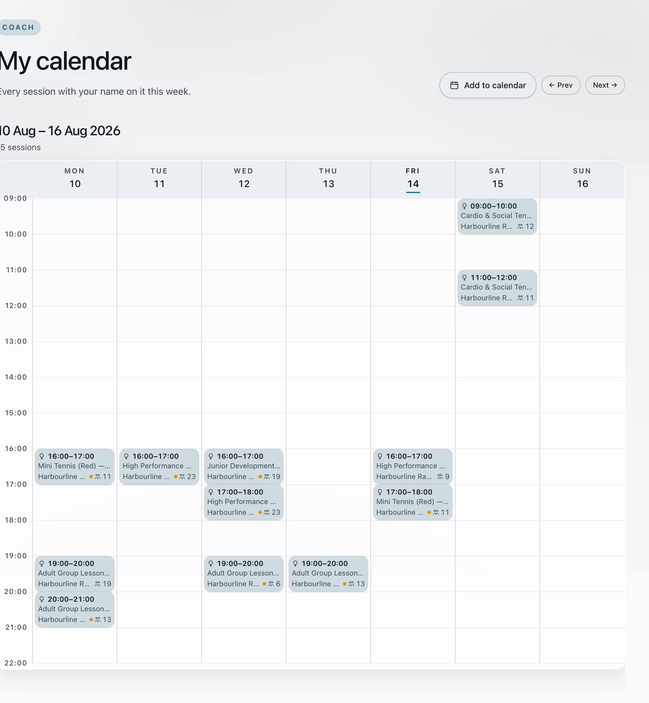 The substitute coach’s own week in Academy: fifteen sessions laid out Monday to Sunday, each with its time, class and headcount