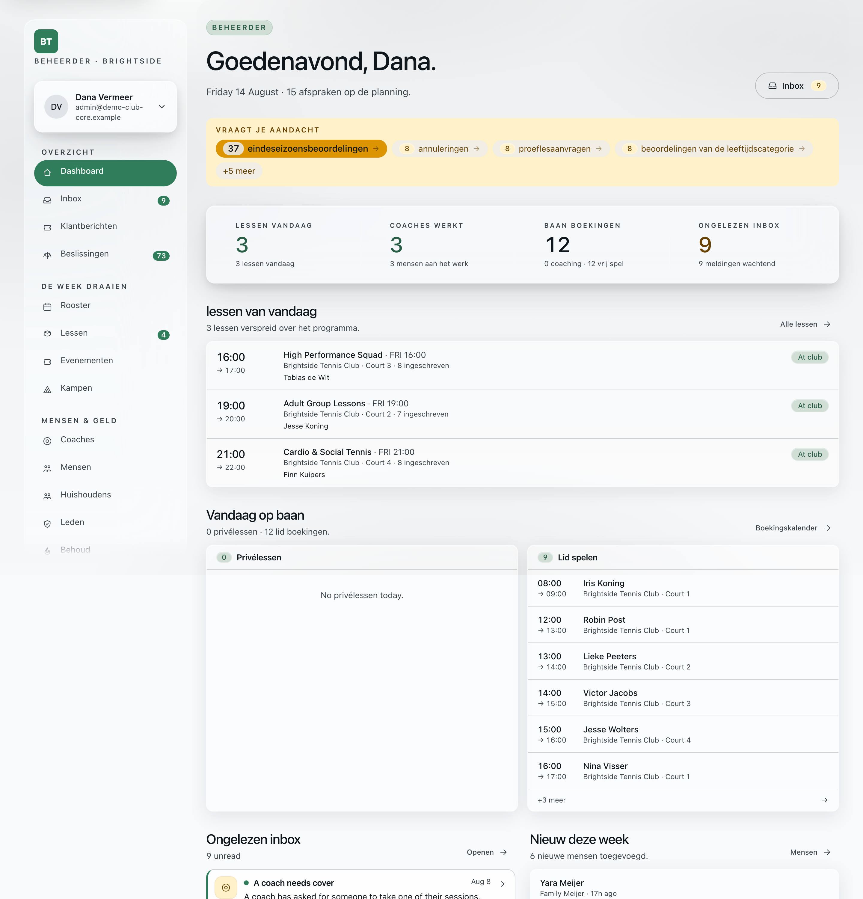 Het dashboard van Brightside Tennis Club, een Start Core-organisatie met vier banen: vijftien dingen op de rol, met seizoensreviews, afmeldingen, proeflesaanvragen en leeftijdscontroles die wachten