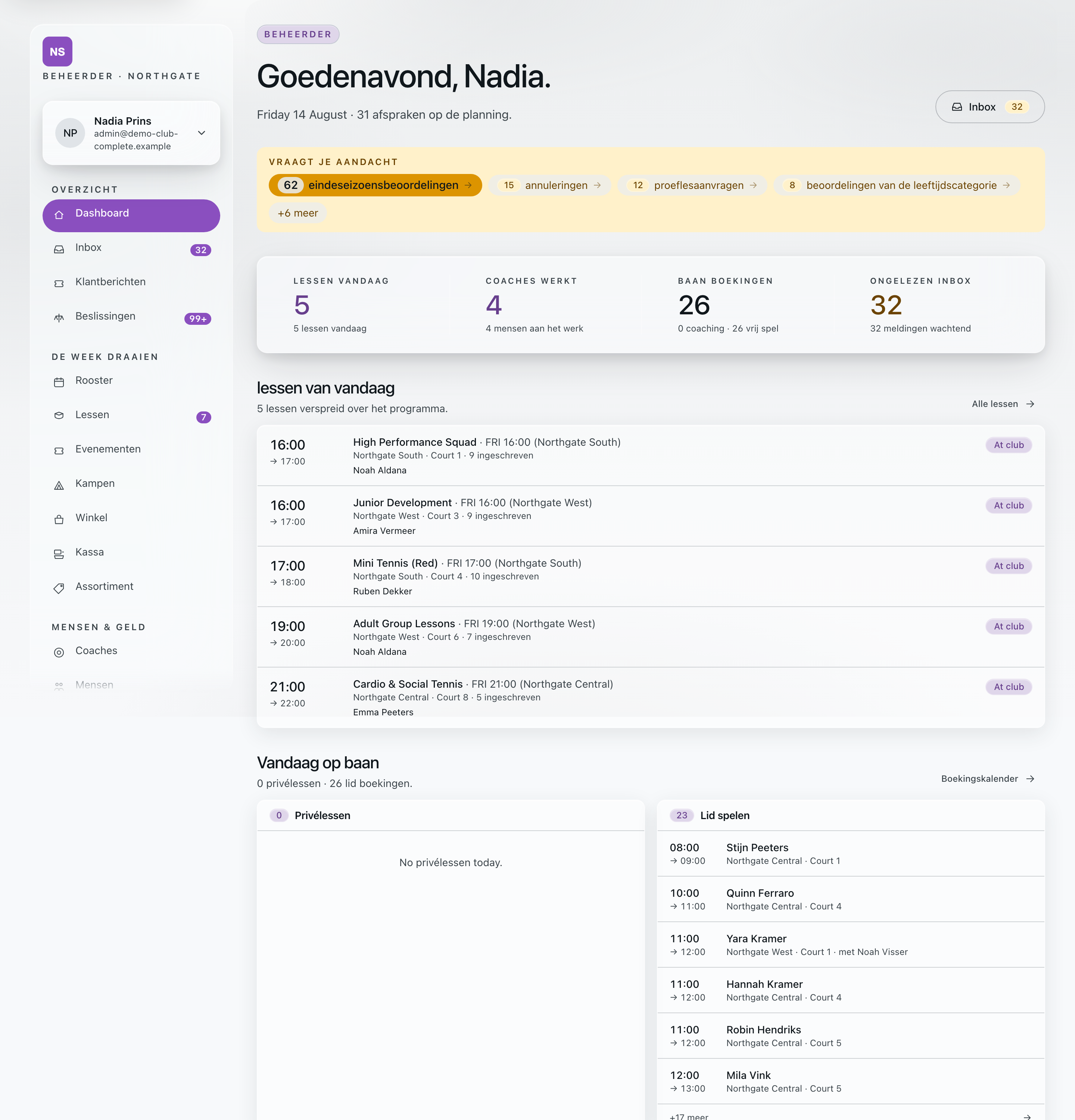 Het dashboard van Northgate dat drie vestigingen vanuit één werkplek draait — een Academy Complete-organisatie met meerdere locaties en eenendertig dingen op de rol