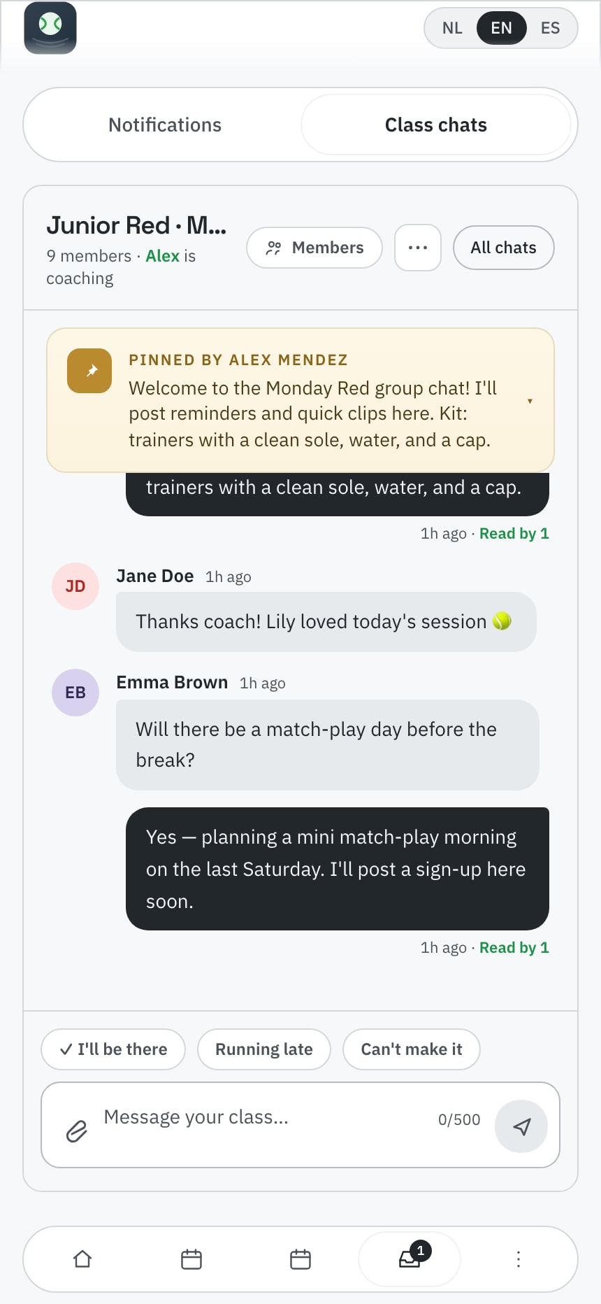 Coach view of a class chat