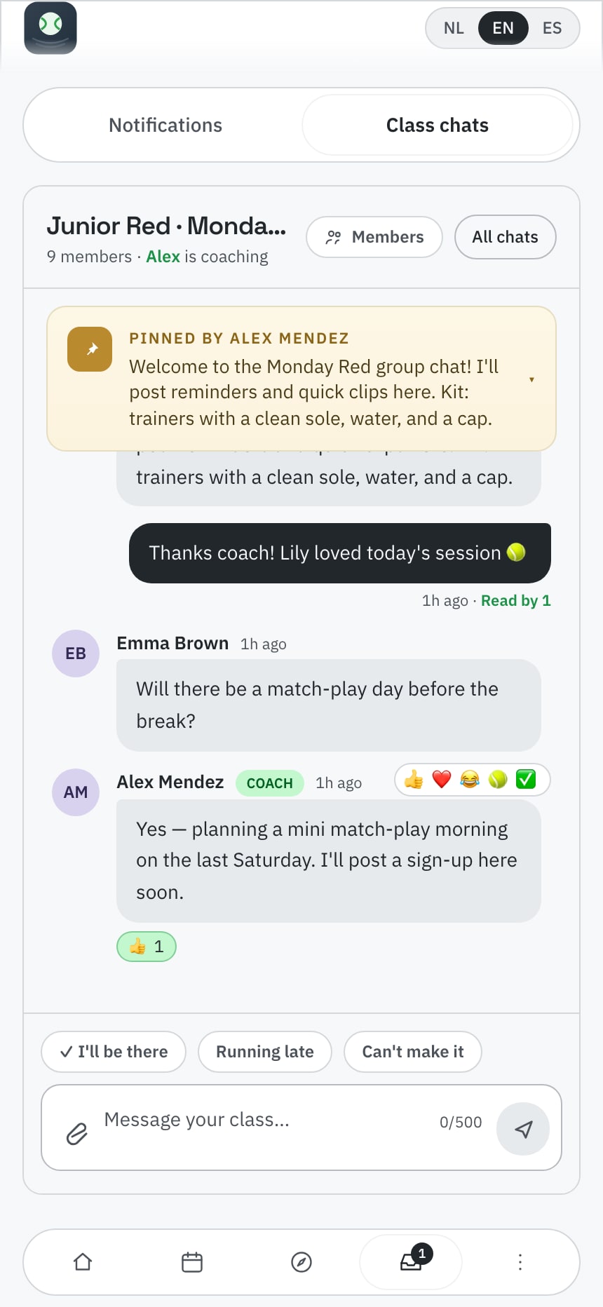 Parent view of a class chat with a pinned message, emoji reactions and RSVP buttons