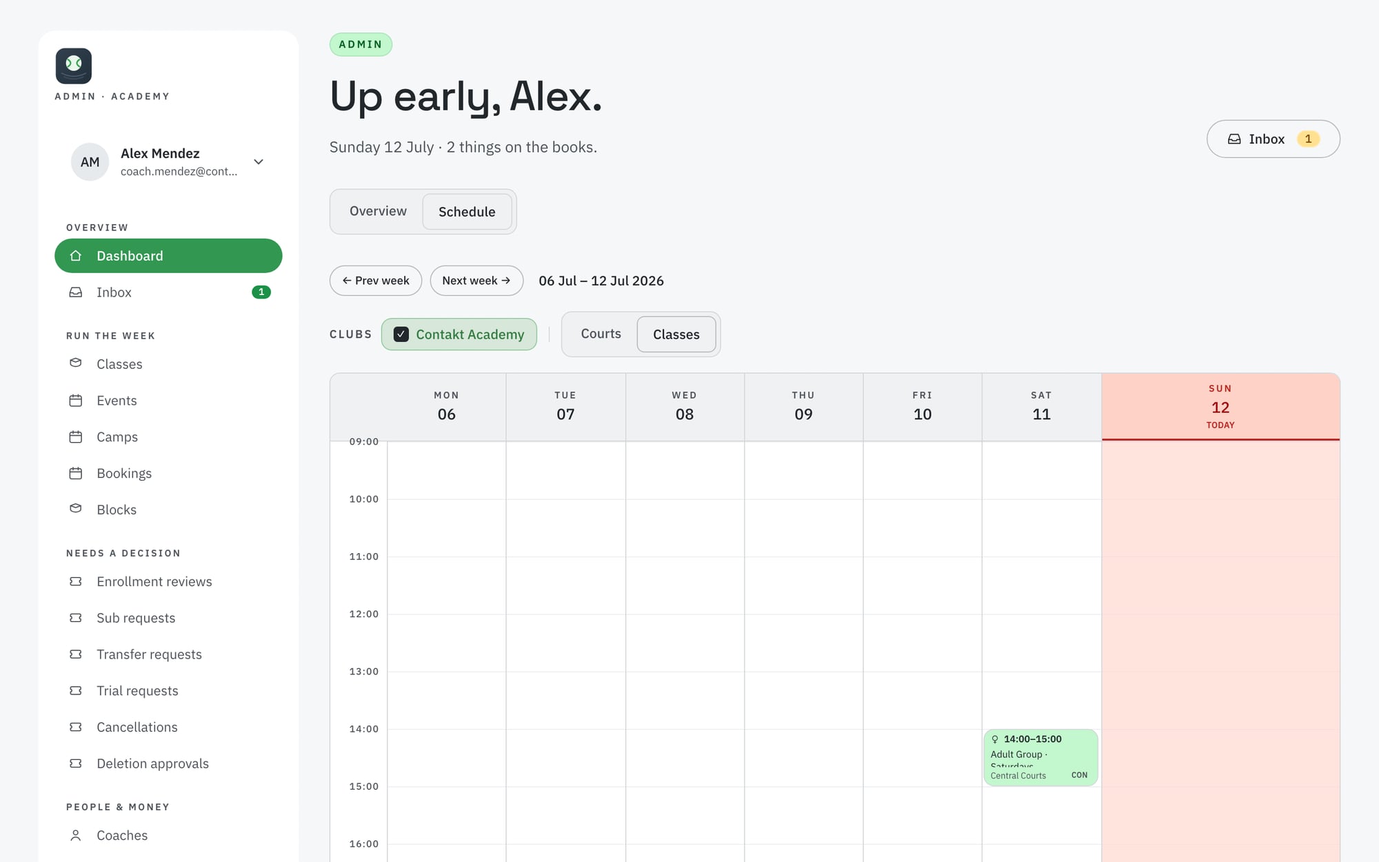Admin schedule: the full week across every court, with classes and bookings