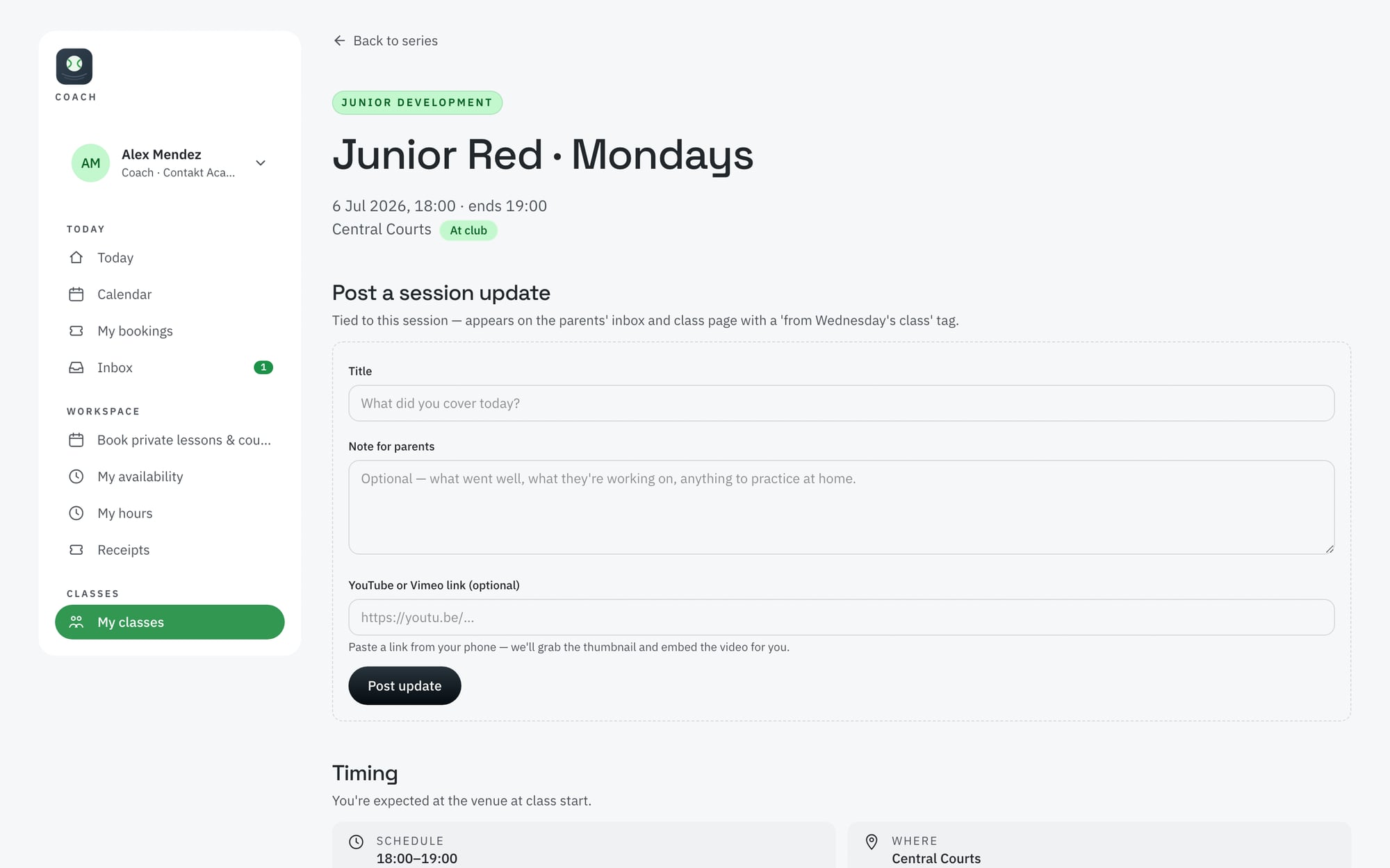 Coach posts a session update with a title, a note for parents and an optional video link