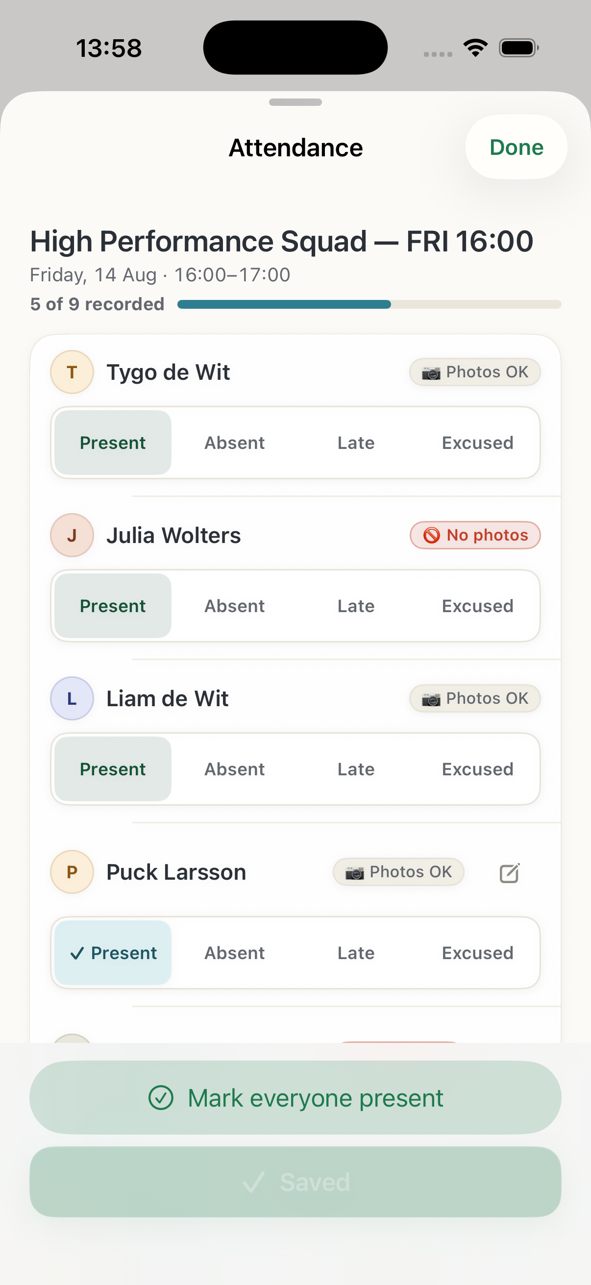 The native iOS app on a coach’s phone: the roll call for High Performance Squad on Friday at 16:00, five of nine recorded, each player set to present, absent, late or excused beside their photo-consent state