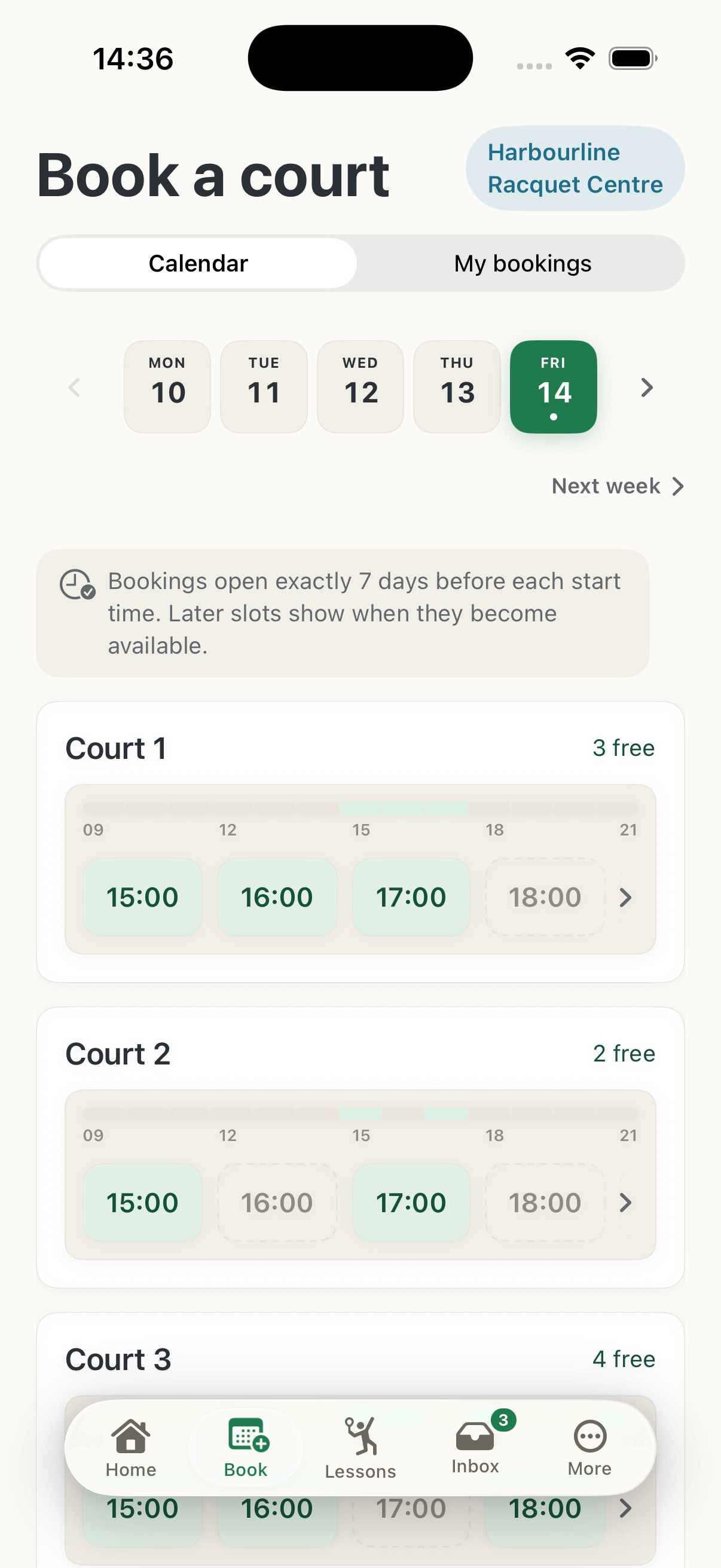 The native iOS app on a household’s phone: Book a court at Harbourline Racquet Centre, the week strip open on Friday 14, and each court showing how many slots are free with 15:00, 16:00 and 17:00 tappable