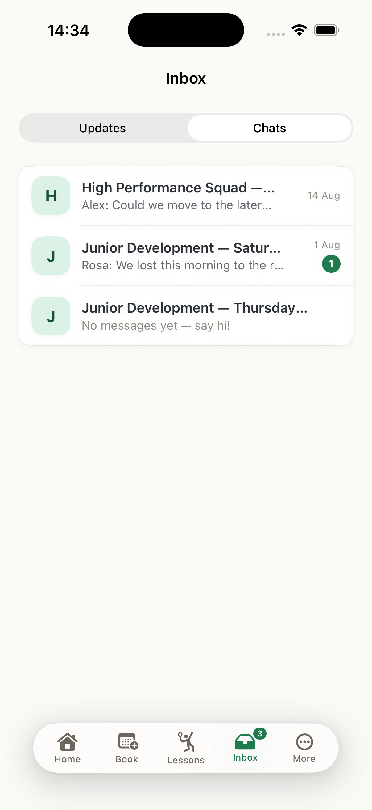 The native iOS app on a household’s phone: every class thread the family is in, each previewing its newest message