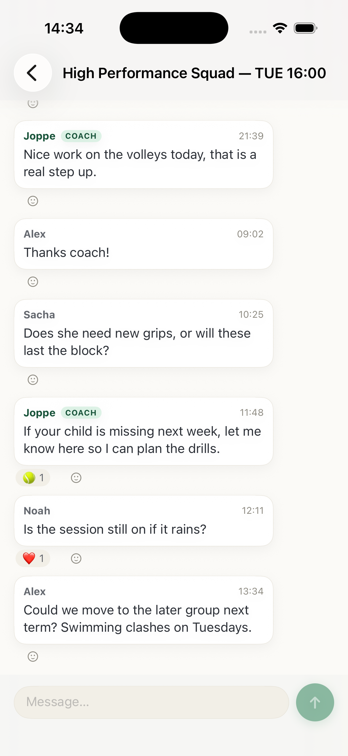 The native iOS app on a household’s phone: the Mini Tennis class thread, with the coach badged as COACH, parents asking about grips and rain, and reactions on the messages