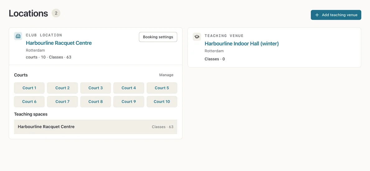 The Locations page: the club, its venue and its courts.