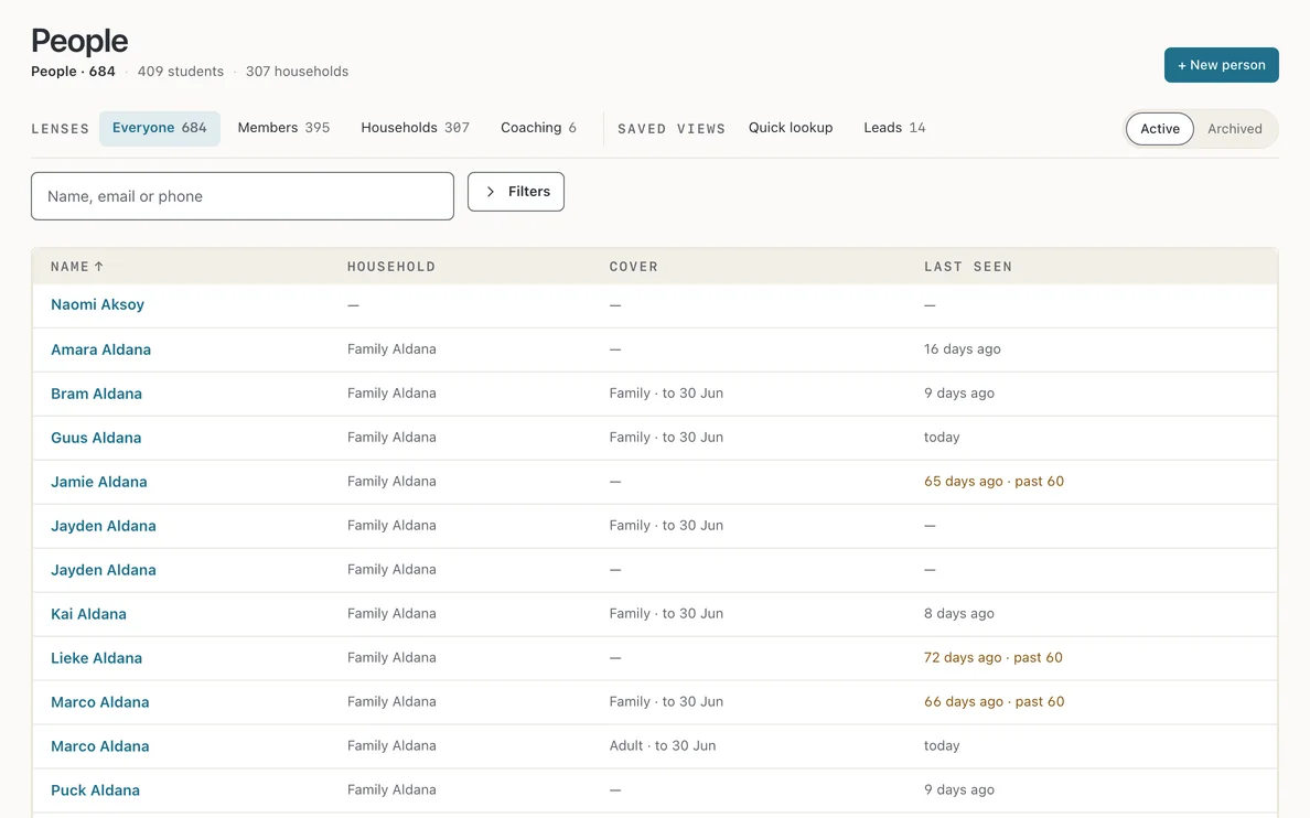The People list: members, households and coaches in one place.